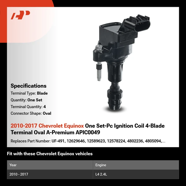 2010-2017 Chevrolet Equinox One Set-Pc Ignition Coil 4-Blade Terminal Oval A-Premium APIC0049