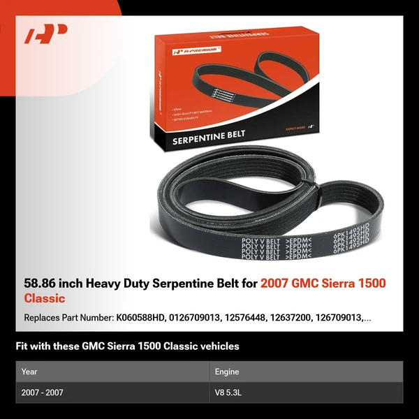 58.86 inch Heavy Duty Serpentine Belt for 2007 GMC Sierra 1500 Classic