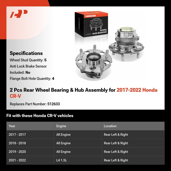 2 Pcs Rear Wheel Bearing & Hub Assembly for 2017-2022 Honda CR-V