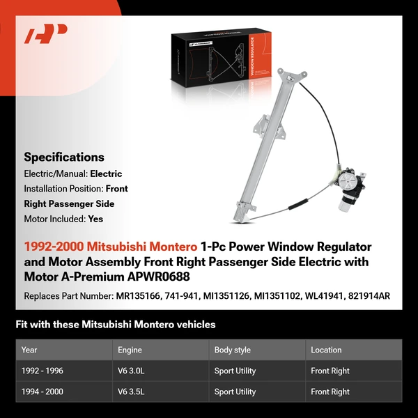 1992-2000 Mitsubishi Montero 1-Pc Power Window Regulator and Motor Assembly Front Right Passenger Side Electric with Motor A-Premium APWR0688