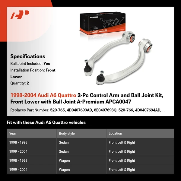 1998-2004 Audi A6 Quattro 2-Pc Control Arm and Ball Joint Kit, Front Lower with Ball Joint A-Premium APCA0047