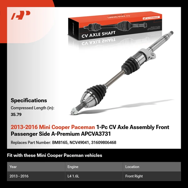 2013-2016 Mini Cooper Paceman 1-Pc CV Axle Assembly Front Passenger Side A-Premium APCVA3731