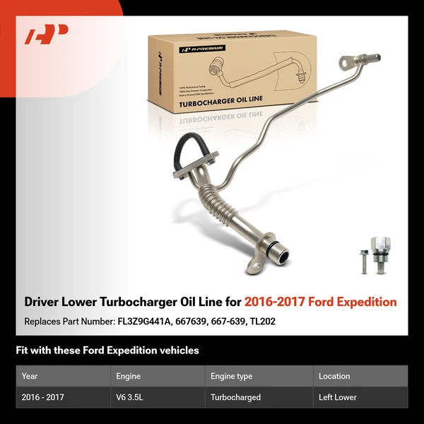 Driver Lower Turbocharger Oil Line for 2016-2017 Ford Expedition