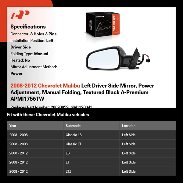 2008-2012 Chevrolet Malibu Left Driver Side Mirror, Power Adjustment, Manual Folding, Textured Black A-Premium APMI1756TW
