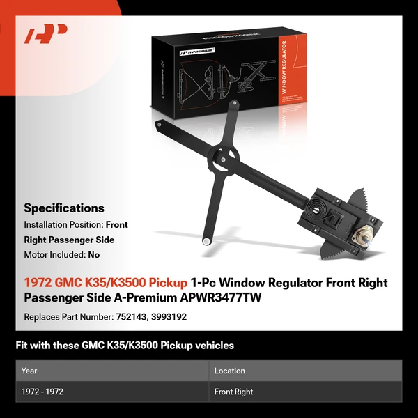 1972 GMC K35/K3500 Pickup 1-Pc Window Regulator Front Right Passenger Side A-Premium APWR3477TW