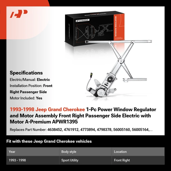 1993-1998 Jeep Grand Cherokee 1-Pc Power Window Regulator and Motor Assembly Front Right Passenger Side Electric with Motor A-Premium APWR1395