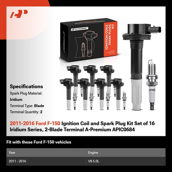2011-2016 Ford F-150 Ignition Coil and Spark Plug Kit Set of 16 Iridium Series, 2-Blade Terminal A-Premium APIC0684