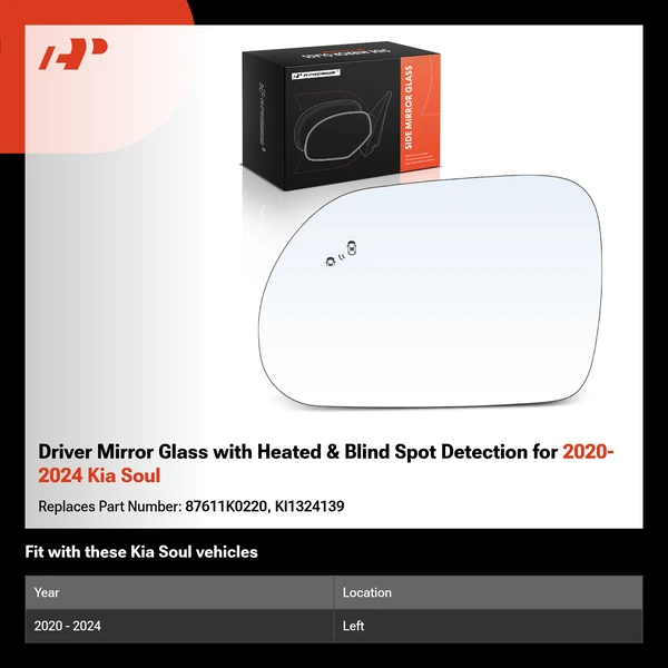 Driver Mirror Glass with Heated & Blind Spot Detection for 2020-2024 Kia Soul