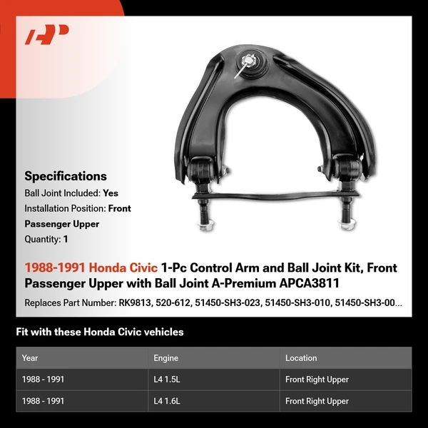 1988-1991 Honda Civic 1-Pc Control Arm and Ball Joint Kit, Front Passenger Upper with Ball Joint A-Premium APCA3811