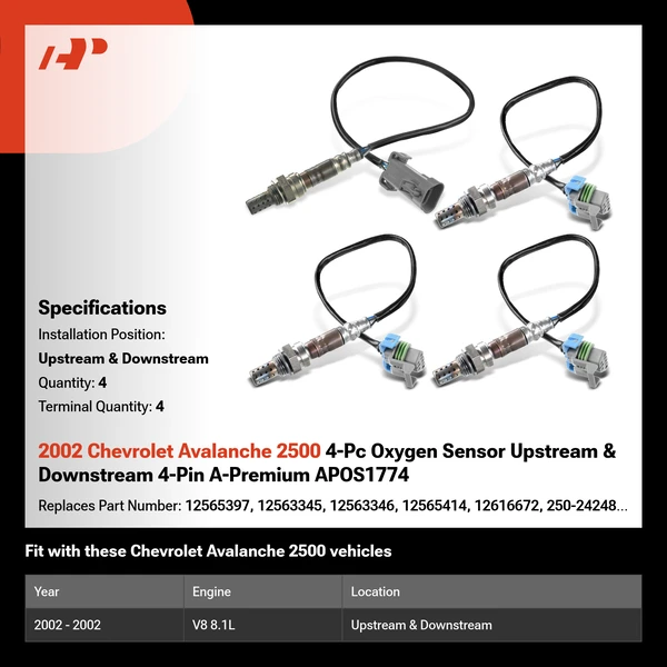 2002 Chevrolet Avalanche 2500 4-Pc Oxygen Sensor Upstream & Downstream 4-Pin A-Premium APOS1774