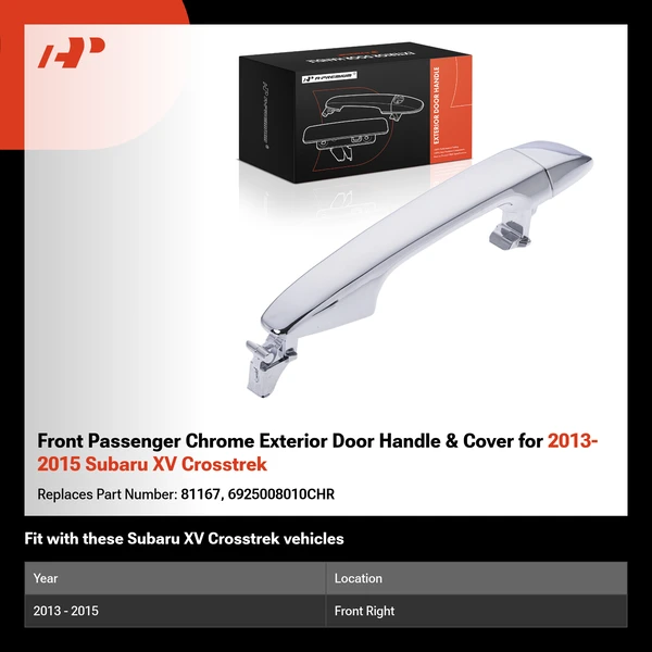 Front Passenger Chrome Exterior Door Handle & Cover for 2013-2015 Subaru XV Crosstrek