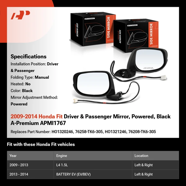 2009-2014 Honda Fit Driver & Passenger Mirror, Powered, Black A-Premium APMI1767