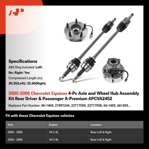 2005-2006 Chevrolet Equinox 4-Pc Axle and Wheel Hub Assembly Kit Rear Driver & Passenger A-Premium APCVA2452