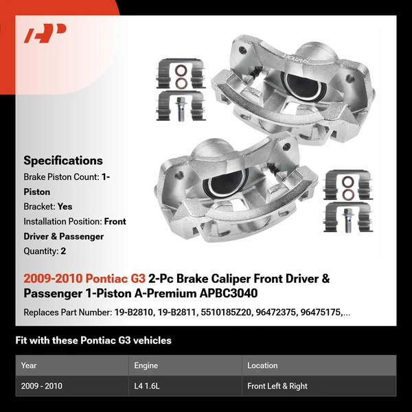 2009-2010 Pontiac G3 2-Pc Brake Caliper Front Driver & Passenger 1-Piston A-Premium APBC3040