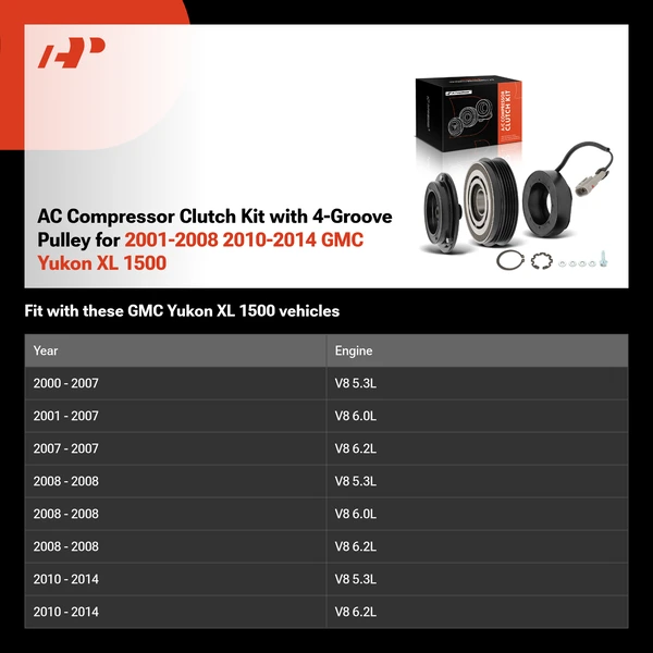 AC Compressor Clutch Kit with 4-Groove Pulley for 2001-2008 2010-2014 GMC Yukon XL 1500