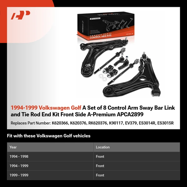 1994-1999 Volkswagen Golf A Set of 8 Control Arm Sway Bar Link and Tie Rod End Kit Front Side A-Premium APCA2899
