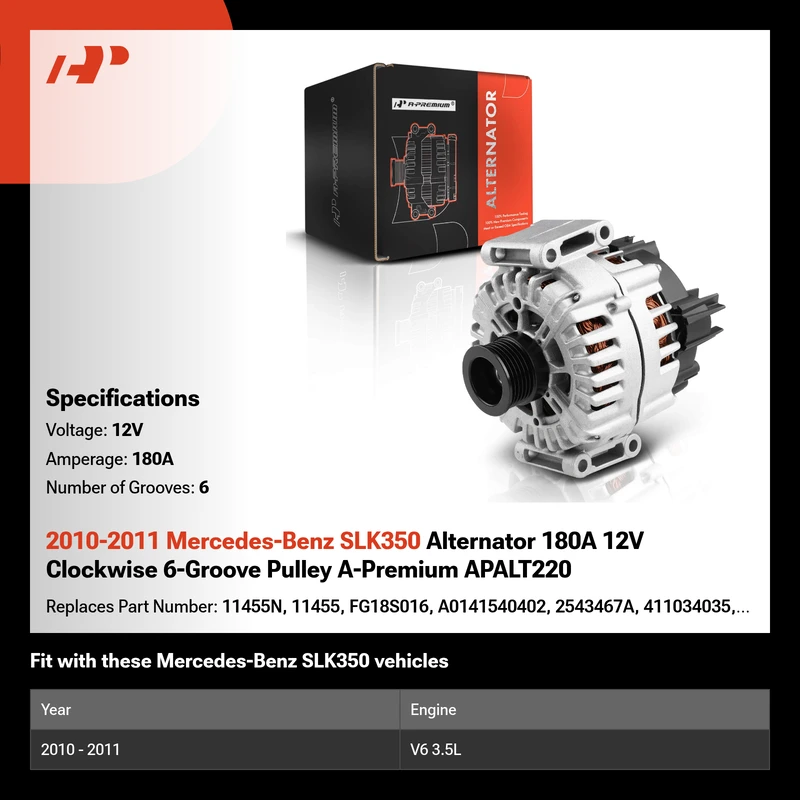 2010-2011 Mercedes-Benz SLK350 Alternator 180A 12V Clockwise 6-Groove Pulley A-Premium APALT220