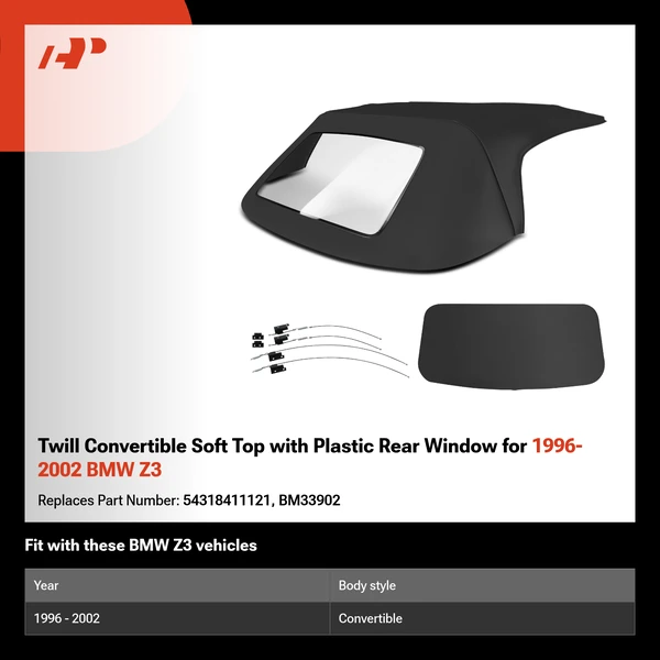 Twill Convertible Soft Top with Plastic Rear Window for 1996-2002 BMW Z3