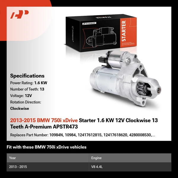 2013-2015 BMW 750i xDrive Starter 1.6 KW 12V Clockwise 13 Teeth A-Premium APSTR473