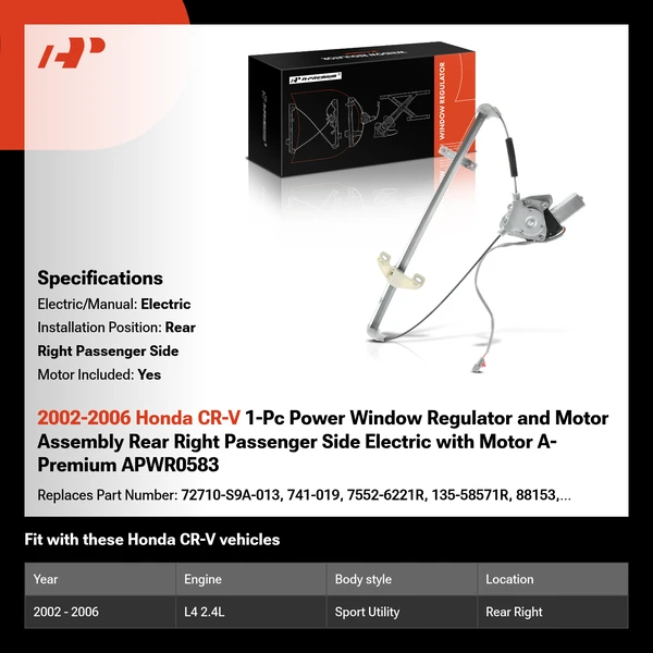 2002-2006 Honda CR-V 1-Pc Power Window Regulator and Motor Assembly Rear Right Passenger Side Electric with Motor A-Premium APWR0583