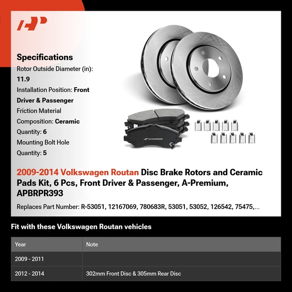 2009-2014 Volkswagen Routan Disc Brake Rotors and Ceramic Pads Kit, 6 Pcs, Front Driver & Passenger, A-Premium, APBRPR393