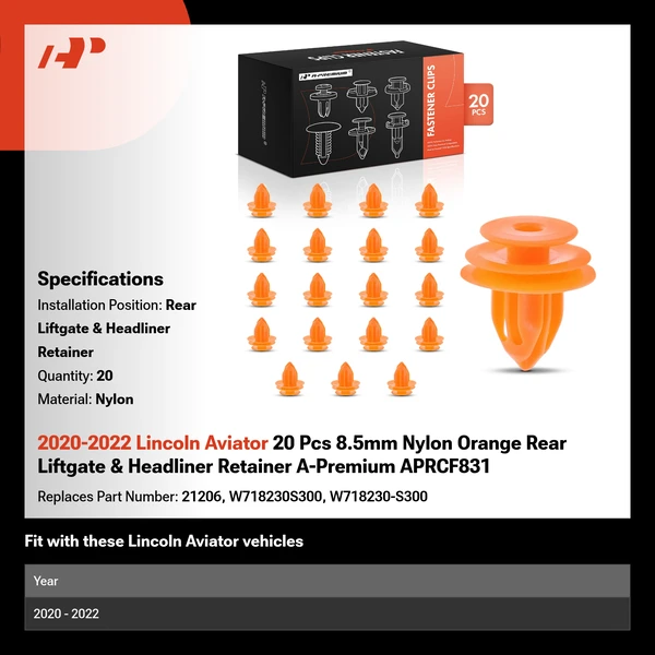 2020-2022 Lincoln Aviator 20 Pcs 8.5mm Nylon Orange Rear Liftgate & Headliner Retainer A-Premium APRCF831