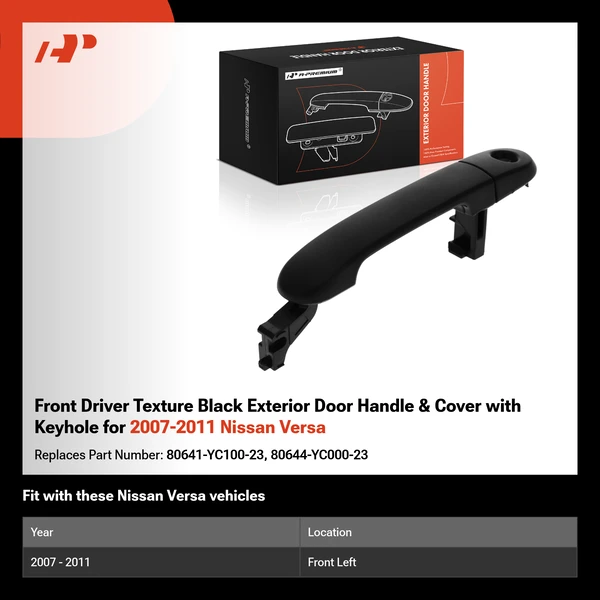 Front Driver Texture Black Exterior Door Handle & Cover with Keyhole for 2007-2011 Nissan Versa
