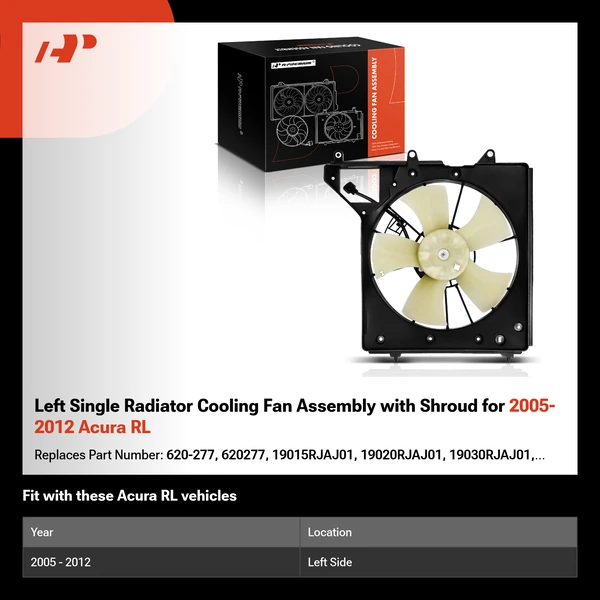 Left Single Radiator Cooling Fan Assembly with Shroud for 2005-2012 Acura RL