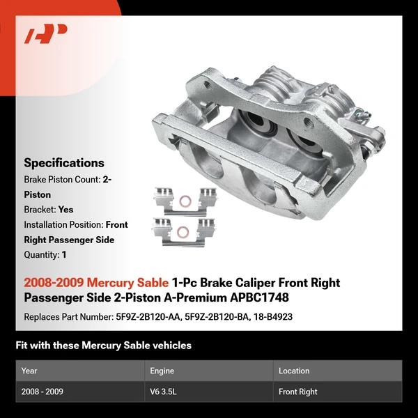 2008-2009 Mercury Sable 1-Pc Brake Caliper Front Right Passenger Side 2-Piston A-Premium APBC1748