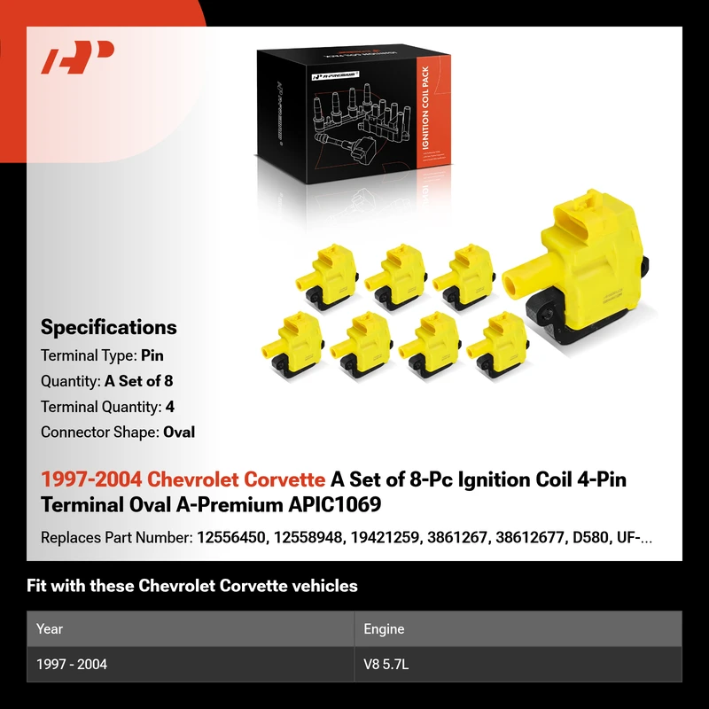 1997-2004 Chevrolet Corvette A Set of 8-Pc Ignition Coil 4-Pin Terminal Oval A-Premium APIC1069