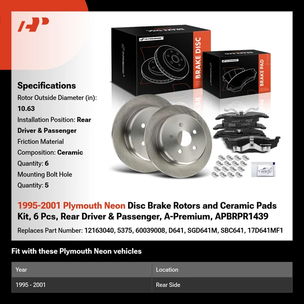 1995-2001 Plymouth Neon Disc Brake Rotors and Ceramic Pads Kit, 6 Pcs, Rear Driver & Passenger, A-Premium, APBRPR1439