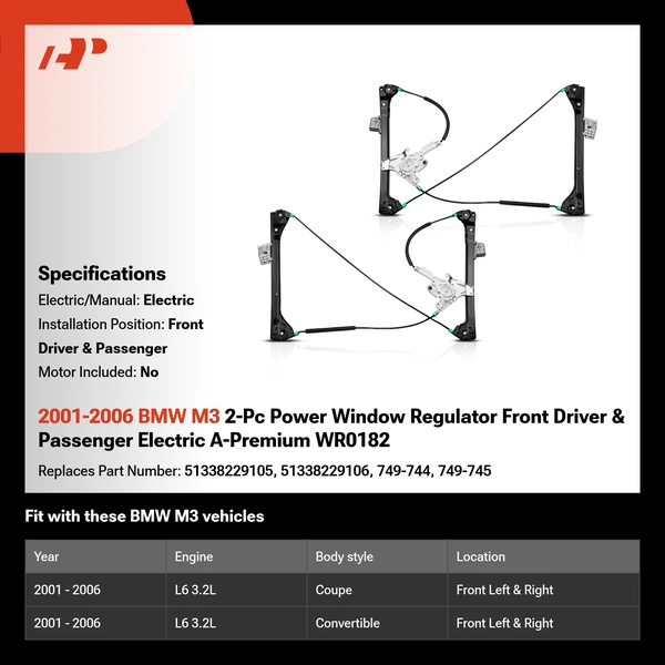 2001-2006 BMW M3 2-Pc Power Window Regulator Front Driver & Passenger Electric A-Premium WR0182