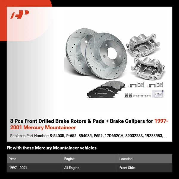 8 Pcs Front Drilled Brake Rotors & Pads + Brake Calipers for 1997-2001 Mercury Mountaineer