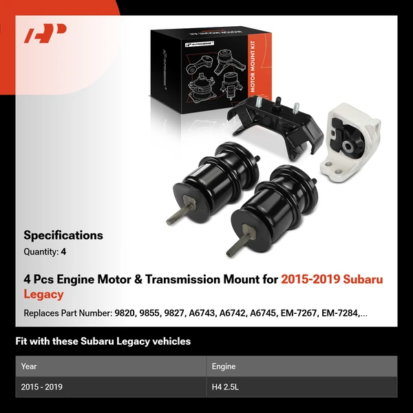 2015-2019 Subaru Legacy 4-Pc Engine Mount and Transmission Mount Kit Front & Rear A-Premium APEM1445