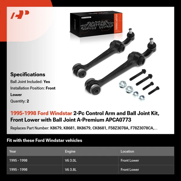 1995-1998 Ford Windstar 2-Pc Control Arm and Ball Joint Kit, Front Lower with Ball Joint A-Premium APCA0773
