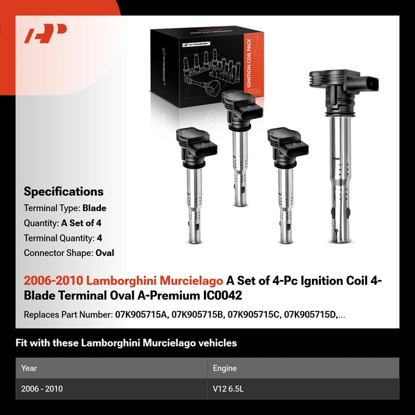 2006-2010 Lamborghini Murcielago A Set of 4-Pc Ignition Coil 4-Blade Terminal Oval A-Premium IC0042