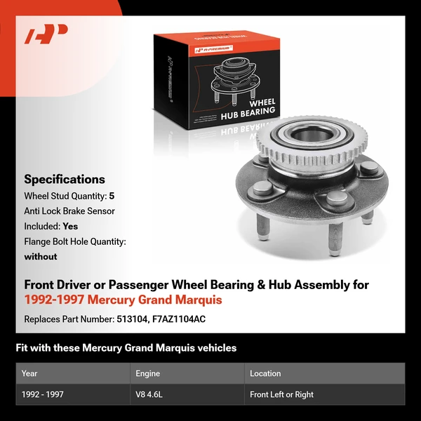 Front Driver or Passenger Wheel Bearing & Hub Assembly for 1992-1997 Mercury Grand Marquis