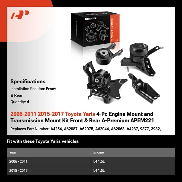 2006-2011 2015-2017 Toyota Yaris 4-Pc Engine Mount and Transmission Mount Kit Front & Rear A-Premium APEM221