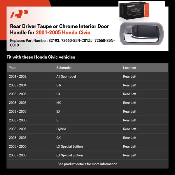 Rear Driver Taupe or Chrome Interior Door Handle for 2001-2005 Honda Civic