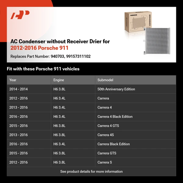 AC Condenser without Receiver Drier for 2012-2016 Porsche 911