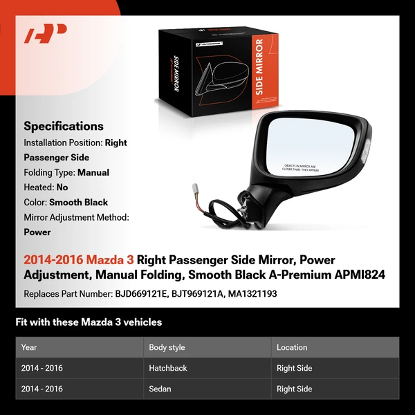 2014-2016 Mazda 3 Right Passenger Side Mirror, Power Adjustment, Manual Folding, Smooth Black A-Premium APMI824