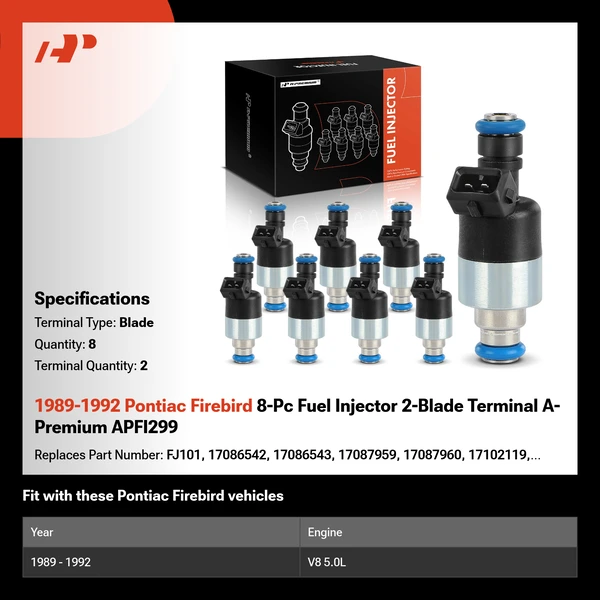 1989-1992 Pontiac Firebird 8-Pc Fuel Injector 2-Blade Terminal A-Premium APFI299