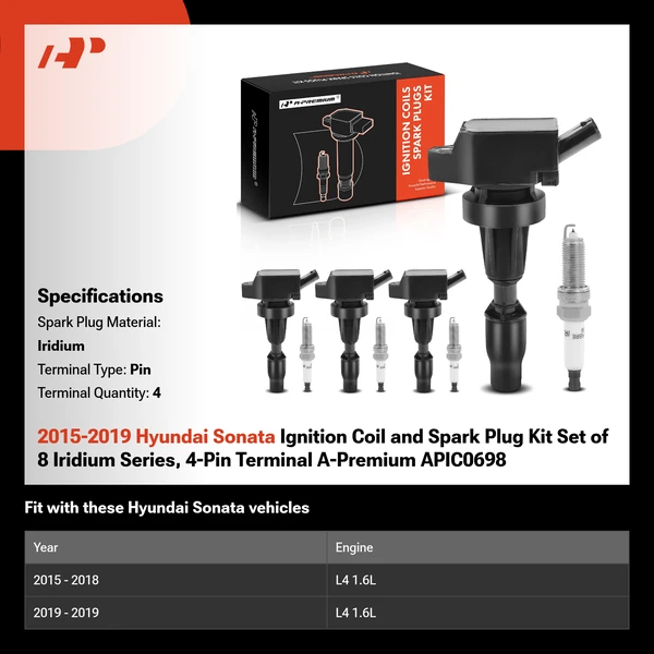 2015-2019 Hyundai Sonata Ignition Coil and Spark Plug Kit Set of 8 Iridium Series, 4-Pin Terminal A-Premium APIC0698