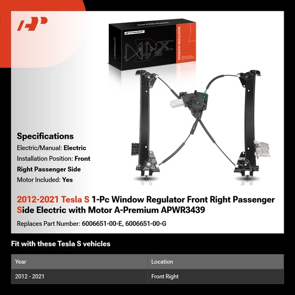 2012-2021 Tesla S 1-Pc Window Regulator Front Right Passenger Side Electric with Motor A-Premium APWR3439