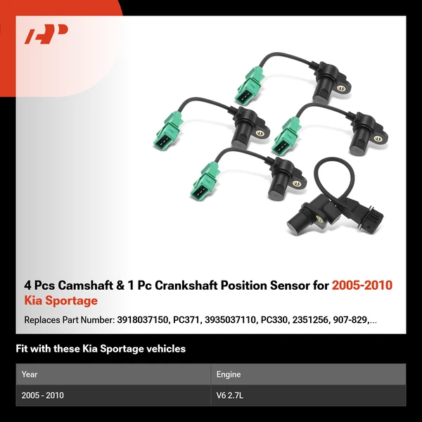 4 Pcs Camshaft & 1 Pc Crankshaft Position Sensor for 2005-2010 Kia Sportage