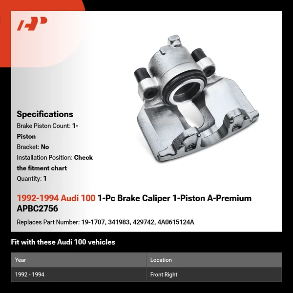 1992-1994 Audi 100 1-Pc Brake Caliper 1-Piston A-Premium APBC2756