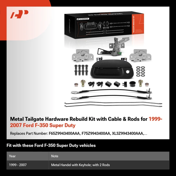 Metal Tailgate Hardware Rebuild Kit with Cable & Rods for 1999-2007 Ford F-350 Super Duty