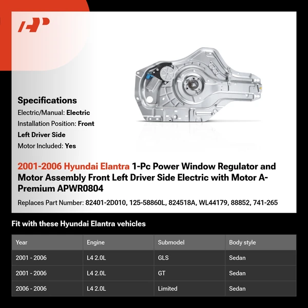 2001-2006 Hyundai Elantra 1-Pc Power Window Regulator and Motor Assembly Front Left Driver Side Electric with Motor A-Premium APWR0804