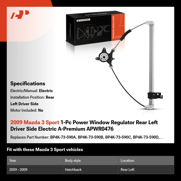 2009 Mazda 3 Sport 1-Pc Power Window Regulator Rear Left Driver Side Electric A-Premium APWR0476