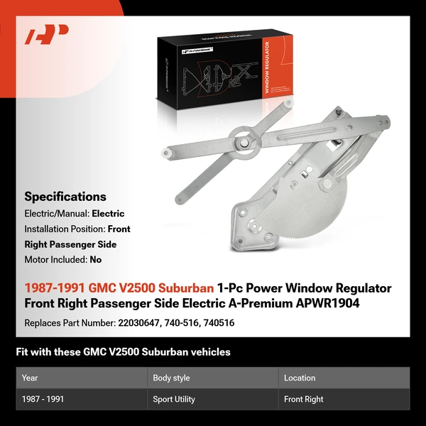 1987-1991 GMC V2500 Suburban 1-Pc Power Window Regulator Front Right Passenger Side Electric A-Premium APWR1904